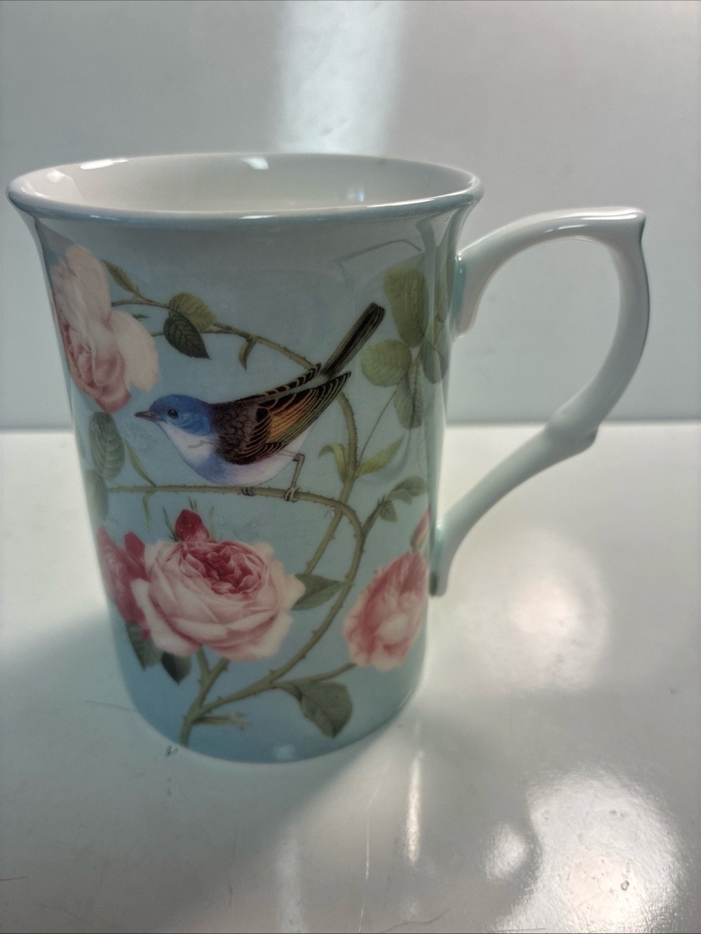 Blue Floral Bird Porcelain Mug with Pink Roses